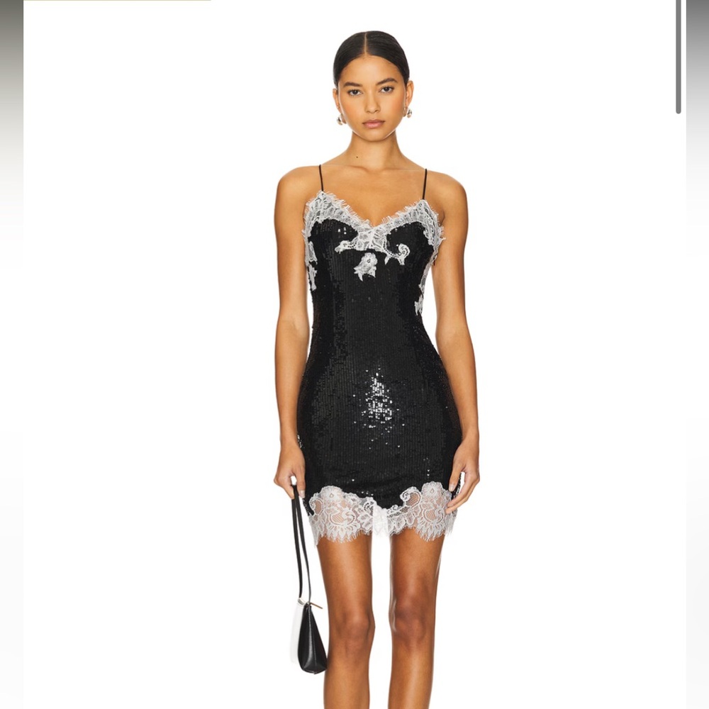 Alice + Olivia Black Sequin Mini Dress with White Lace Trim